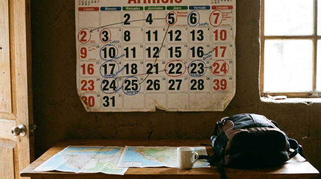 calendario marcado con feriados nacionales y notas manuscritas que indican feriados regionales por provincia y líneas de viaje