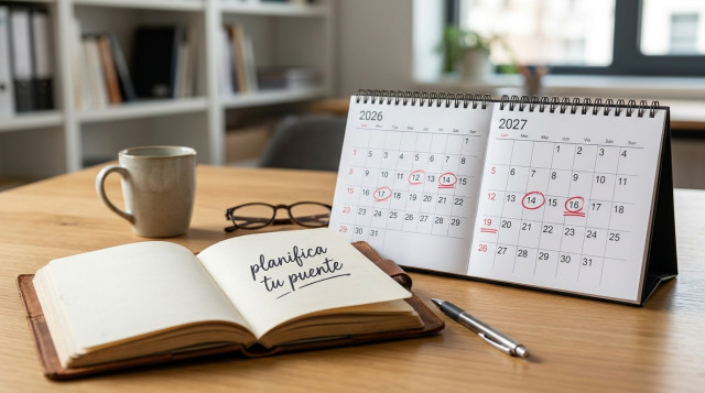 calendario sobre un escritorio con resaltado en rojo las fechas clave de 2026 y 2027 y un cuaderno con la leyenda 'planifica tu puente'