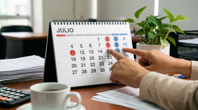 calendario de pared abierto en julio con marcaciones en rojos y azules indicando feriados y días no laborables, manos señalando una fecha