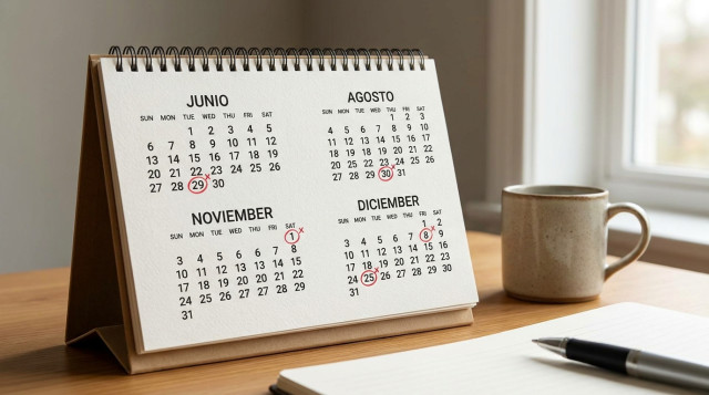 calendario de escritorio con marcación en rojo de las fechas religiosas fijas 29 de junio, 30 de agosto, 1 de noviembre, 8 de diciembre y 25 de diciembre, con una cruz pequeña junt