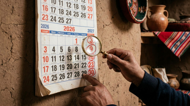calendario de pared peruano con marcadores en rojos señalando los feriados de 2026 y 2027, con una lupa resaltando los días domingo y una mano señalando 30 de agosto