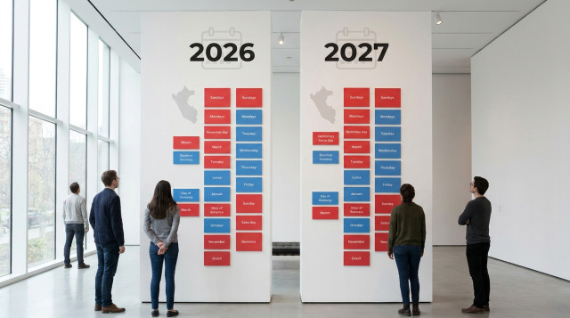 gráfico comparativo con dos columnas que muestren 2026 y 2027, marcando en colores los feriados que cayeron en domingo y en lunes, con íconos discretos de calendario y la silueta d