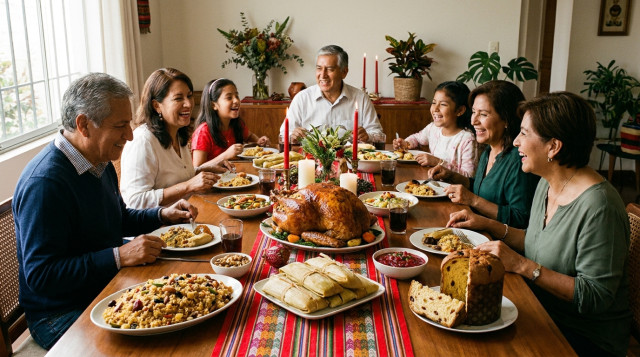 mesa navideña en una casa peruana con pavo glaseado, arroz navideño, panetón y decoraciones festivas