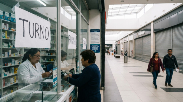 mostrador de farmacia con cartel 'turno' y centro comercial al fondo, ilustrando contraste entre farmacias de turno y tiendas cerradas en feriado