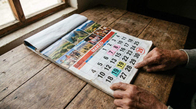 calendario de pared peruano abierto en marzo con el 29 de febrero marcado en rojo y varias fechas fijas resaltadas