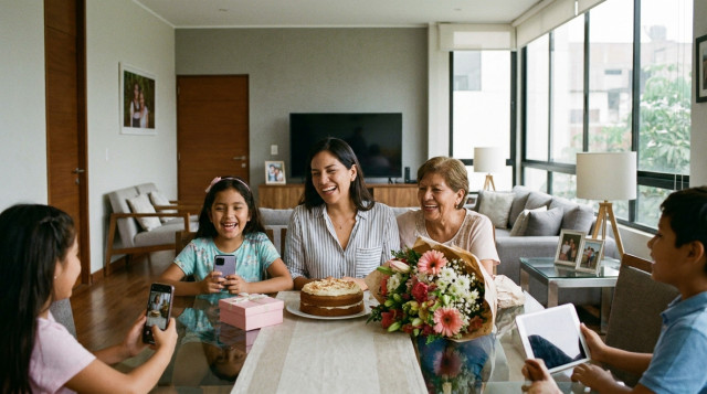 madre y familia reunida en una sala moderna celebrando el Día de la Madre, con flores y un pastel, estilo fotográfico cálido y natural
