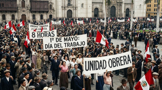 manifestación histórica de trabajadores peruanos celebrando el 1 de mayo, pancartas y banderas, tono documental
