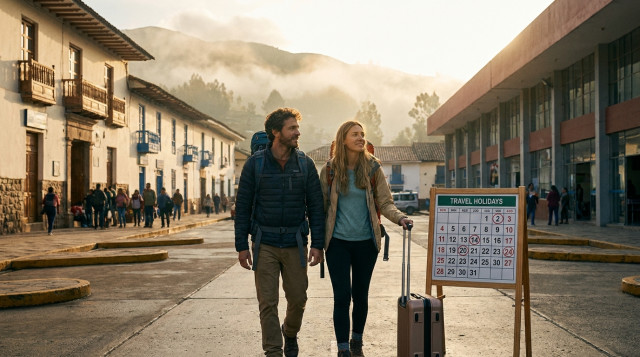 pareja con mochilas saliendo de una estación de bus en Perú al amanecer con una tabla de calendario y una maleta pequeña visible