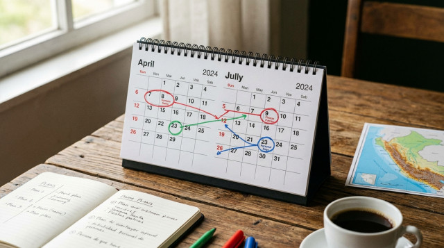 calendario de mesa abierto sobre una mesa con marcadores resaltando feriados en abril y julio, texto alternativo 'combina días personales con feriados para crear puentes'