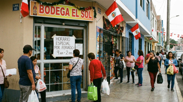 fachada de un negocio pequeño en Lima con cartel de 'Horario especial por feriado', gente en la vereda y decoración ligera alusiva a la fecha