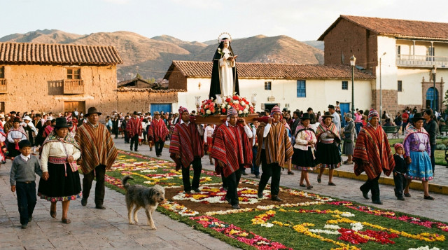 procesión de Santa Rosa de Lima en una plaza provincial con cofradías, alfombras florales y participantes de distintas edades, luz de tarde